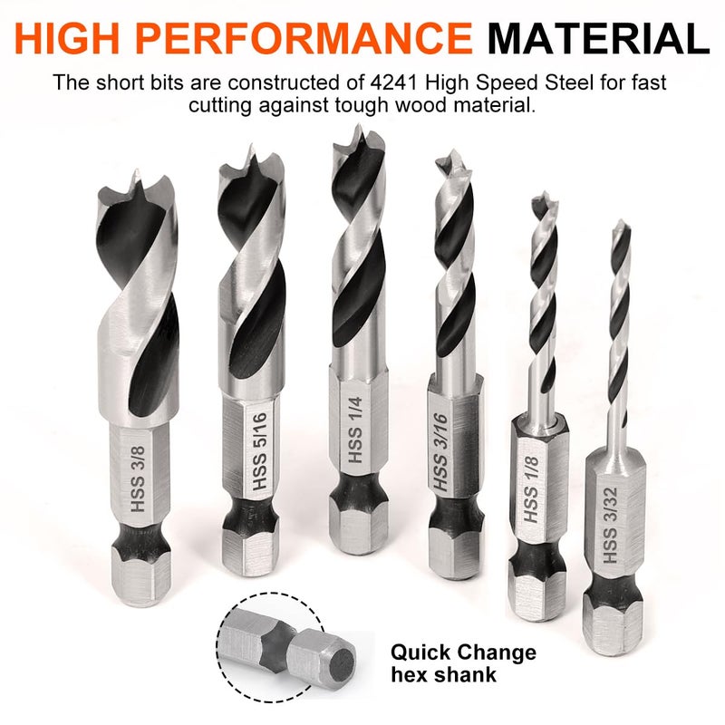 COMOWARE Brad Point Stubby Drill Bit Set for Wood, Short Length Drill Bit Set 6pcs HSS 4241 Steel with 1/4-Inch Quick Change Hex Shank - Image 3
